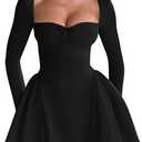 YMDUCH Women's Sexy Long Sleeve Sweetheart Neck A-line Ruffle Hem Party Club Mini Dress (Black, L)