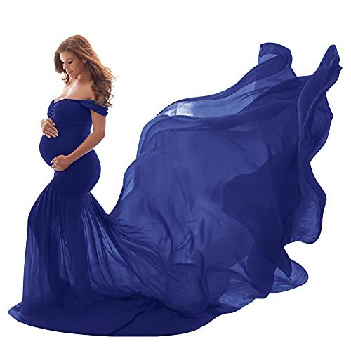 Women Maternity Dress for Photography Mermaid Off Shoulder Elegant Fitted Chiffon Gown Baby Shower Pregnancy Maxi Dresses for Photoshoot Ruched V Neck Long Slim Fit Flowy Photo Props Dress Dark Blue L