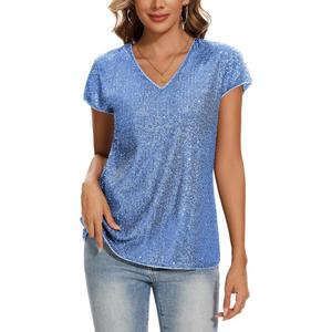 MINTLIMIT Womens Full Sequin Tops Glitter Party Shirt Cap Sleeve Sparkle Blouses V-Neck Loose Summer Shimmer Tunic Shirts XL