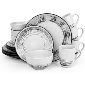 Homlouue 16 Pcs Stoneware Dinnerware Sets for 4, Porcelain Farmhouse Plates Bowls Mugs Set - Minimalist Chip Resistant Dish Set, Microwave & Dishwasher Safe in White and Black Thread