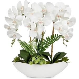 Briful Orchid Artificial Flowers 18in White Fake Orchid Silk Flowers with Ceramic Pot Faux Orchid Arrangement for Home Office Room Coffee Table Centerpiece Modern Decoration
