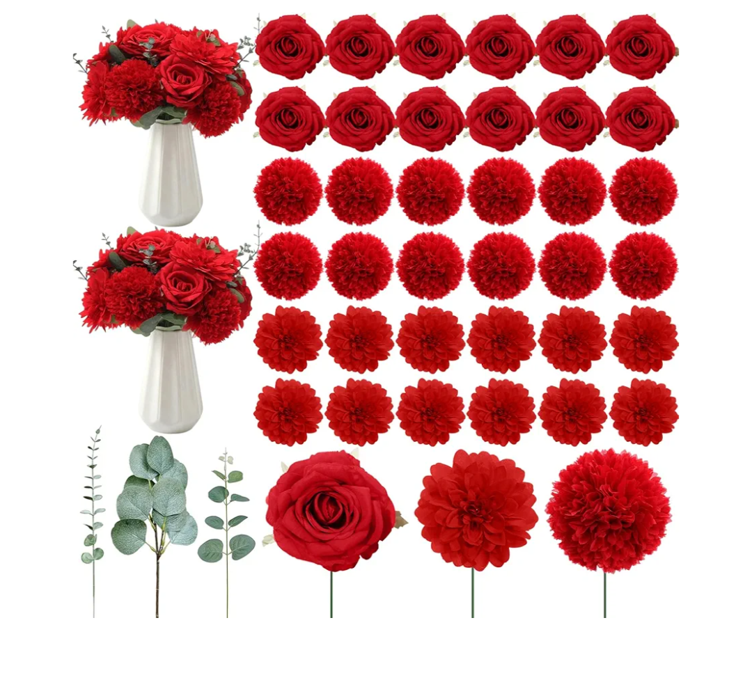 98 Pcs Artificial Flowers Bouquet Assorted Faux Flowers Heads with Stem Eucalyptus Leaves Silk Floral Table Centerpiece for DIY Wedding Party Wreath Home Decor(Red Color)