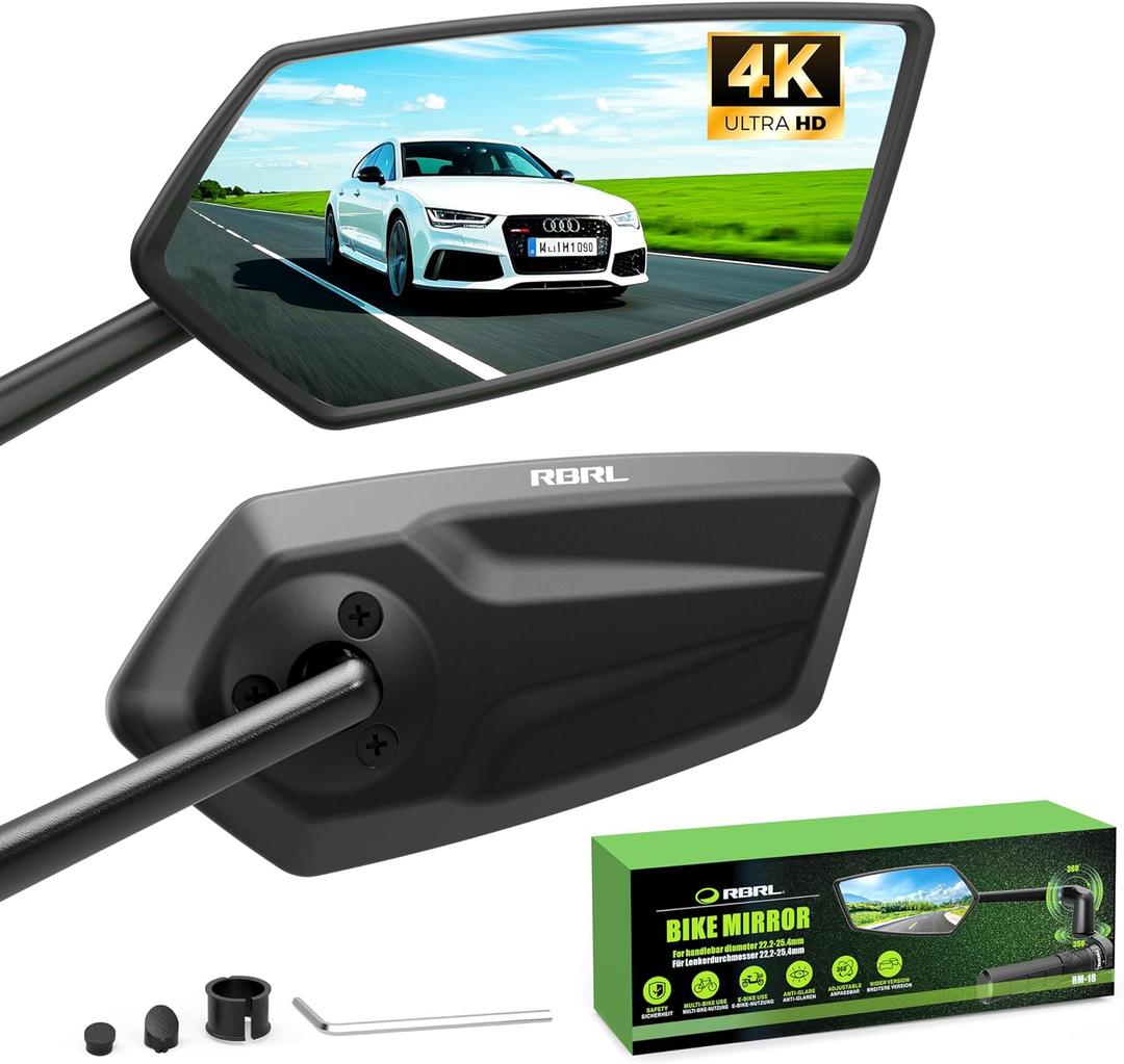 RBRL Bike Mirror, 3D Adjustable Arm for Extended Reach, Aluminum Alloy Anti-shake Bicycle Rearview Mirrors, 360 Panoramic Rearview, Wide Angle Shatterproof & Foldable E-bike Mirror(a set)