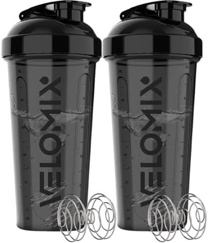 VELOMIX -2 Pack- 28 oz Protein Shaker Bottles for Protein Mixes - 2x Wire Whisk | Leak Proof Shaker Cups for Protein Shakes | Protein Shaker Bottle Pack | Shakers for Protein Shakes - 2xBlack