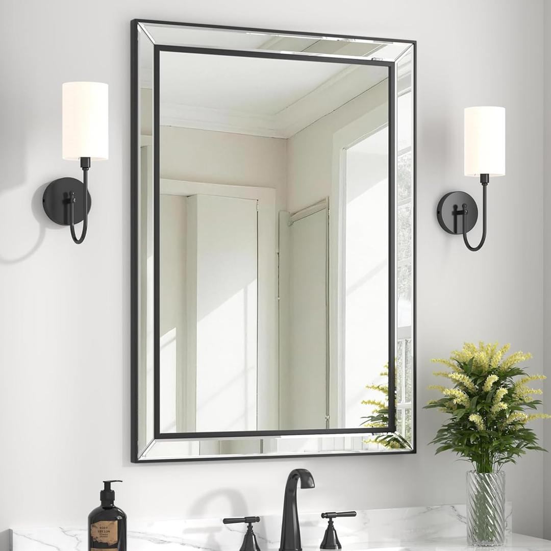 32X24 Inch Black Bathroom Mirror with Double Layer Beveled Edge, Framed Rectangular Vanity Wall Bathroom Mirrors for Over Sink, Bedroom, Living Room, and Hotel, Anti-Corrosion & Easy to Install