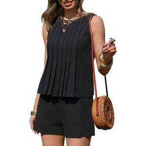 EXLURA Linen Sets for Women 2 Piece Sleeveless Pleated Babydoll Tops Casual Matching Short Set Summer Beach Vacation Outfits, XS, Black