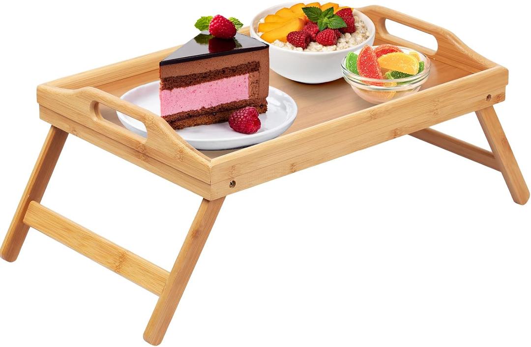 Breakfast Bed Tray for Eating - Foldable Food Laptop Table - Portable Bamboo Raised Serving Tray - Snack Platter with Folding Legs, Eating for Bedroom, Picnic, Sofa Brown