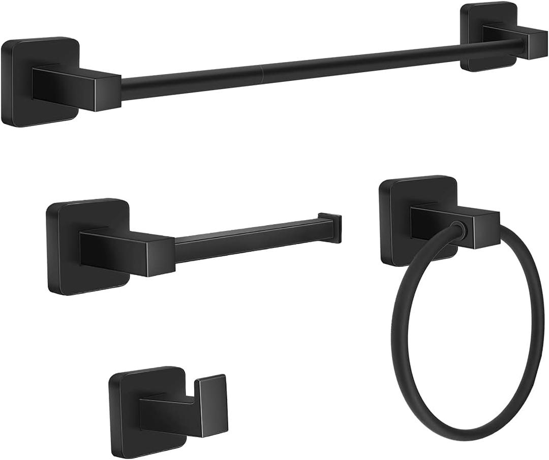 Bathroom Hardware Set 4 Pieces,Stainless Steel Matte Black Towel Bar Set, Includes 24In Towel Bar, Towel Ring, Robe Towel Hooks,Toilet Paper Holder, Bathroom Towel Rack Set