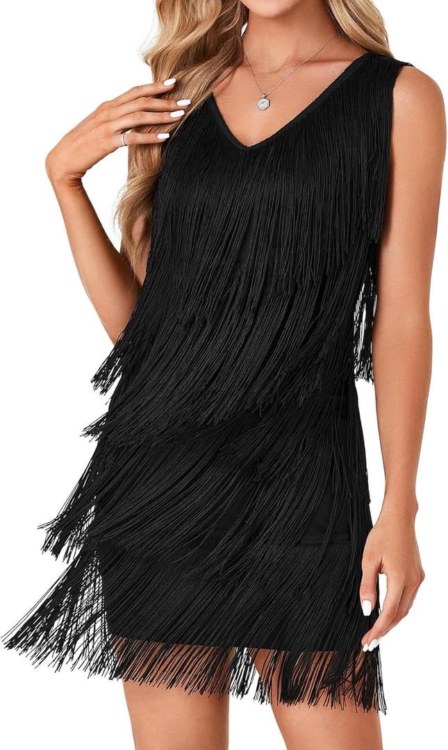 LYANER Women's Sexy Tassels Flapper Dress Deep V Neck Layered Fringe Sleeveless 20s Mini Dresses Black X-Small