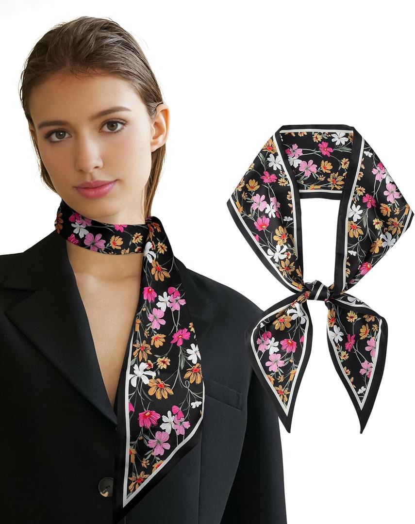 AWAYTR Long Silk Feel Scarf Women Hair Scarf Satin Neck Scarf Tie Bandana Headband Scarf Edge Wrap Head Scarf Purse Handbags (Black, M)