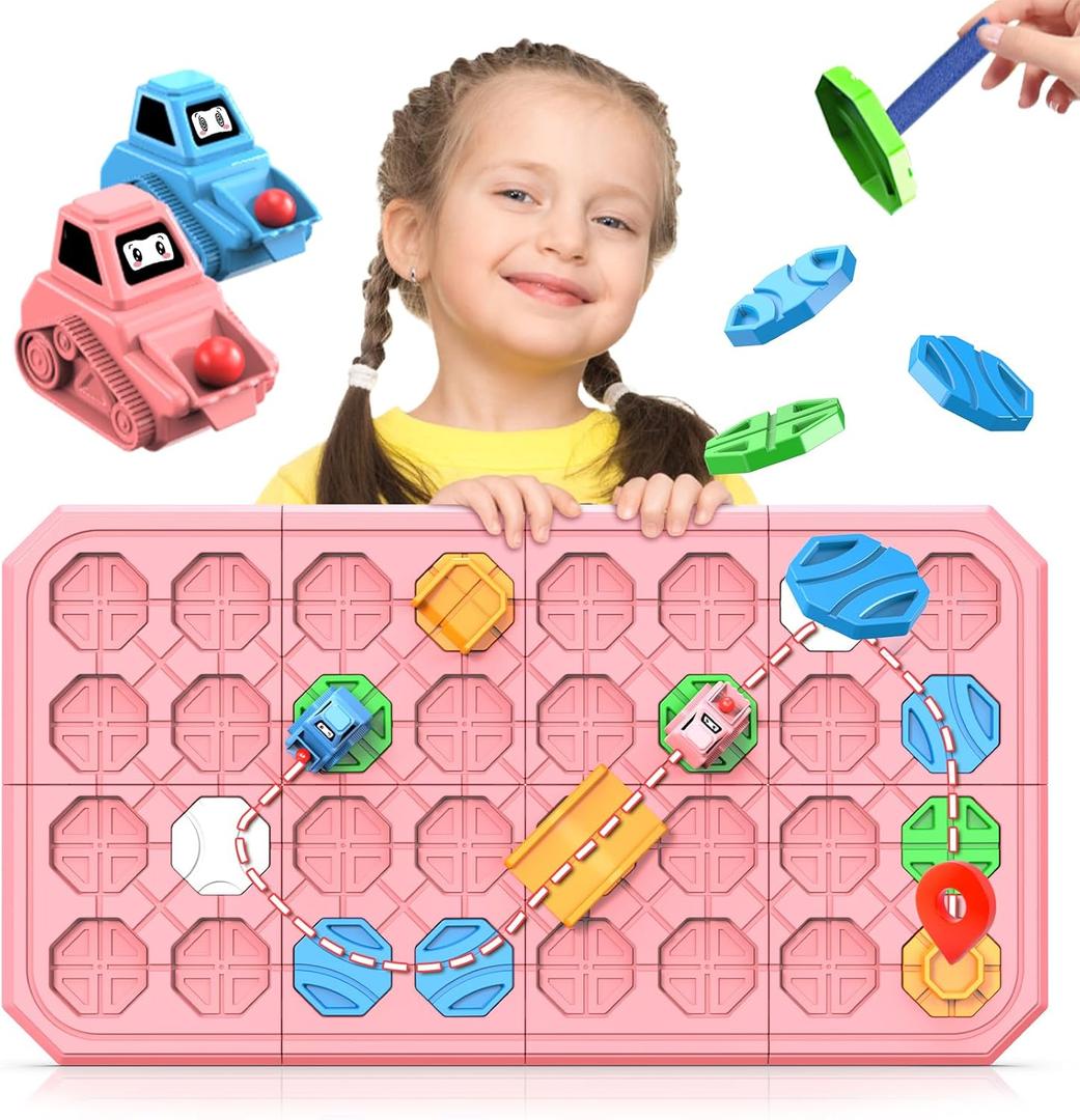 Logic Road Builder Games Toys: STEM Toys for 4 Year Old Kids, Montessori Board Game Brain Teaser Puzzles Preschool Learning Activities Educational Toy for Toddler Ages 3 5 6 7 8-12 Gifts(Pink 32PCS)