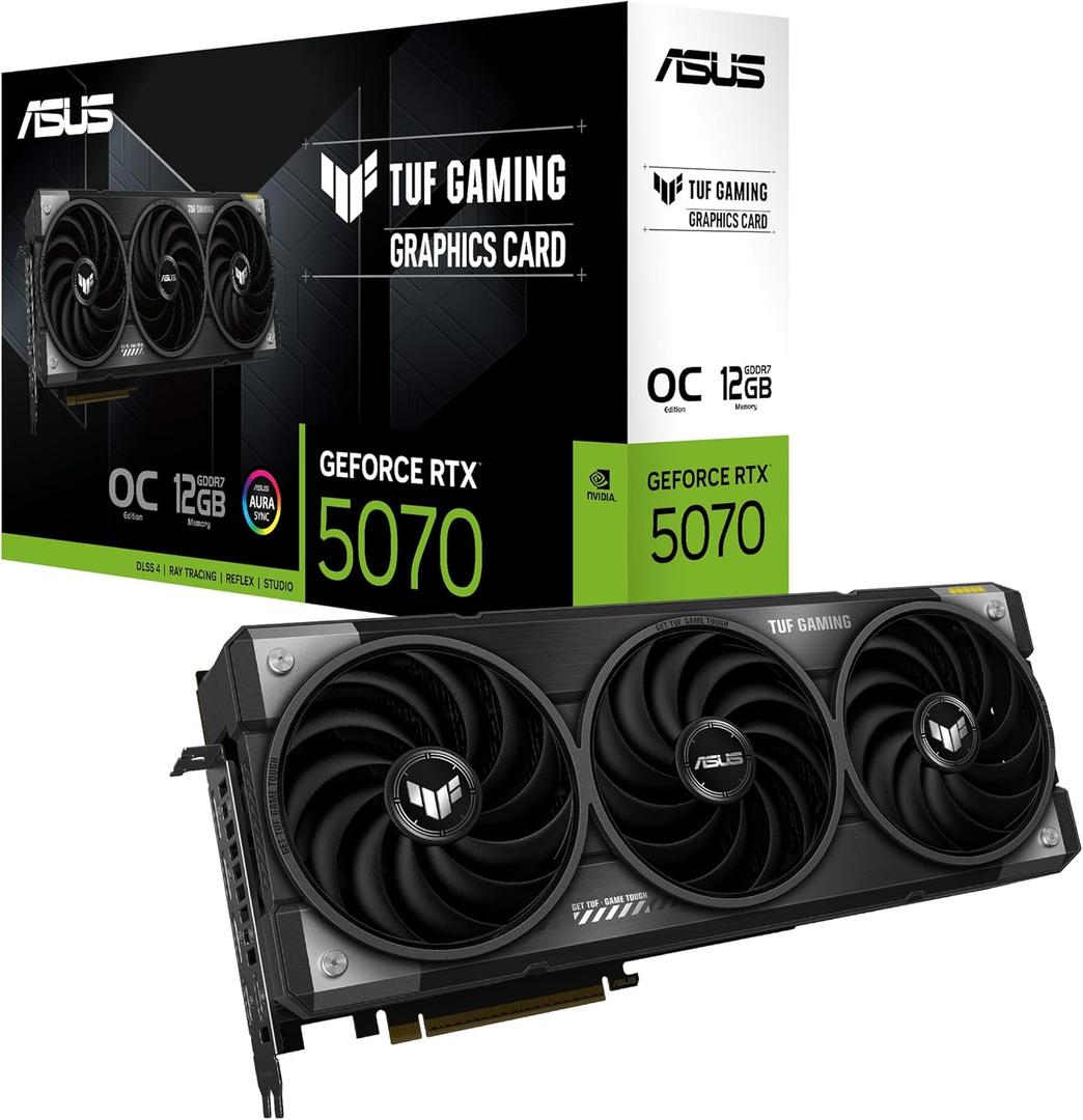 ASUS TUF Gaming GeForce RTX  5070 12GB GDDR7 OC Edition Gaming Graphics Card (PCIe 5.0, HDMI/DP 2.1, 3.125-slot, Military-Grade Components, Protective PCB Coating, axial-tech Fans)