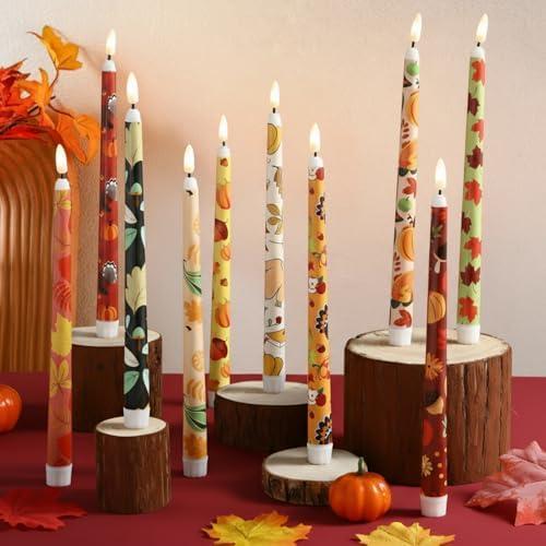 Yungyan 10 Pcs Thanksgiving Flameless Taper Candles Bulk 11 Inches LED Flickering Taper Candles Battery Operated Plastic Candlesticks for Indoor Party Decor Supplies(Turkey Style)