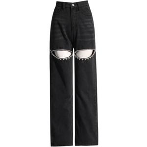 Cut Out Jeans for Women Straight Leg High Waisted Ripped Rhinestone Pearl Beaded Denim Pants (X-Large, Black)