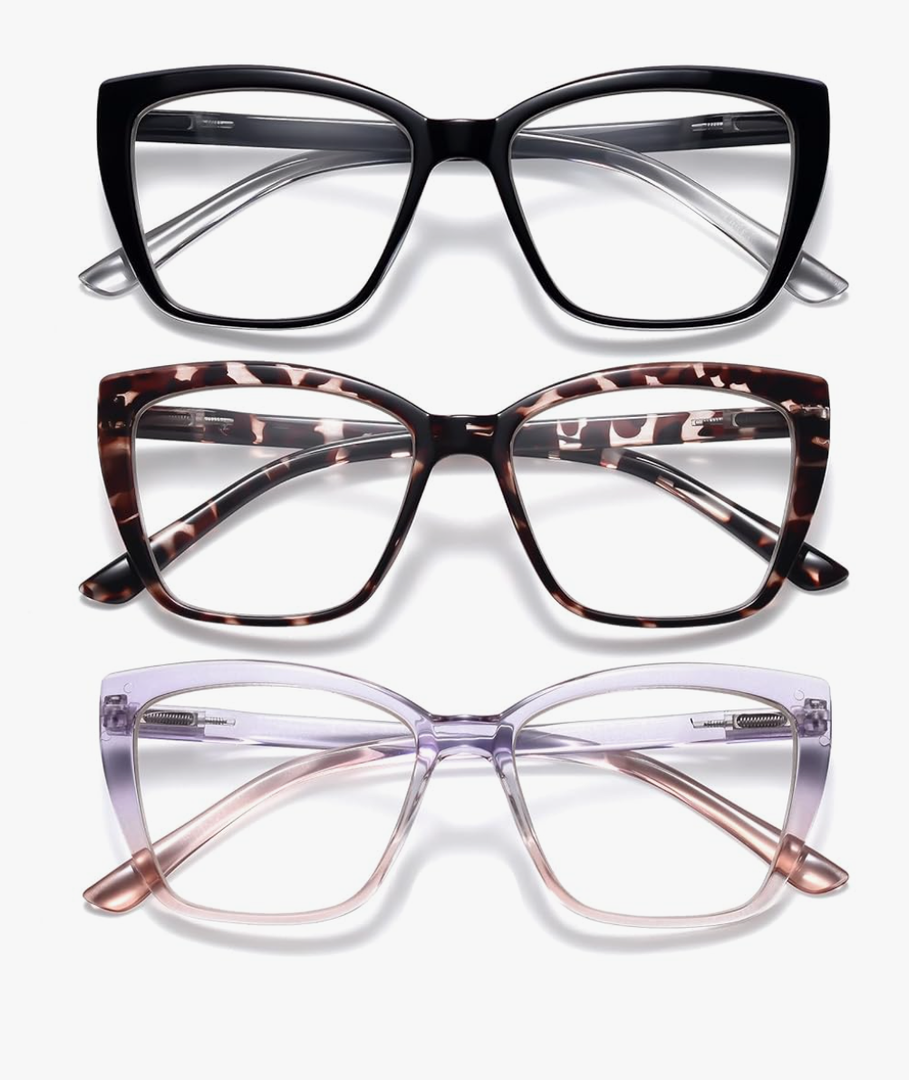 Reading Glasses Women, 3 pack Fashion Oversized Blue Light Readers Women, Spring Hinge Cat Eye Glasses Anti Eyestrain