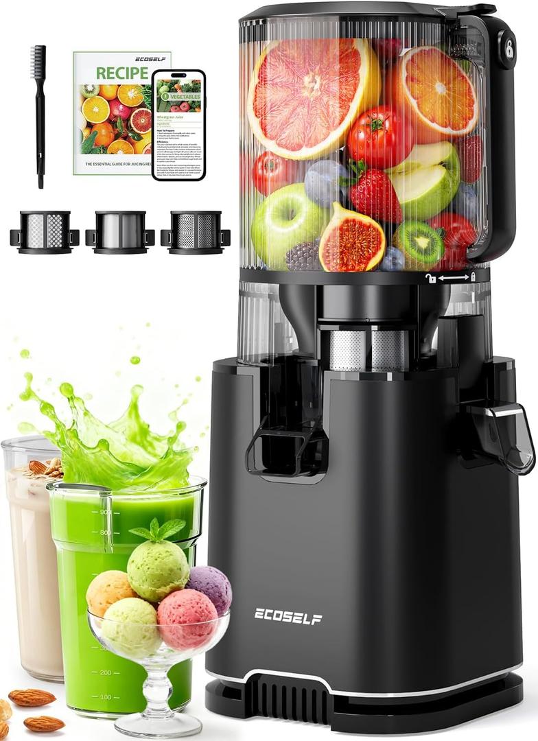 ECOSELF 3-in-1 Cold Press Juicer with 3 Filters (For Juice/Sorbet/Nut Milk), With 6.0" Extra-Large Mouth Feed Chute for Vegetables & Fruits, Juicer Machines Large Capacity & Easy to Clean, With Brush
