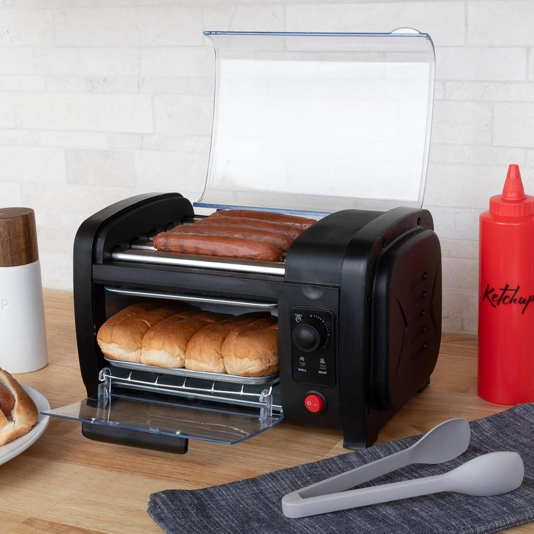 Hot Dog Toaster Oven - Countertop Hot Dog Roller with Bun Warmer and Adjustable 30-Minute Timer - Sausage Machine with 5 Stainless-Steel Rollers and Bake Tray for Buns by Great Northern Popcorn