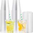 JOLLY PARTY 100Pack 16 oz Clear Plastic Cups With Flat Lids, Disposable Clear Cups with Straw Slot Lids, Crystal Clear Disposable Drinking Cup for Juice Ice Cream Milkshake Iced Coffee Cold Drink