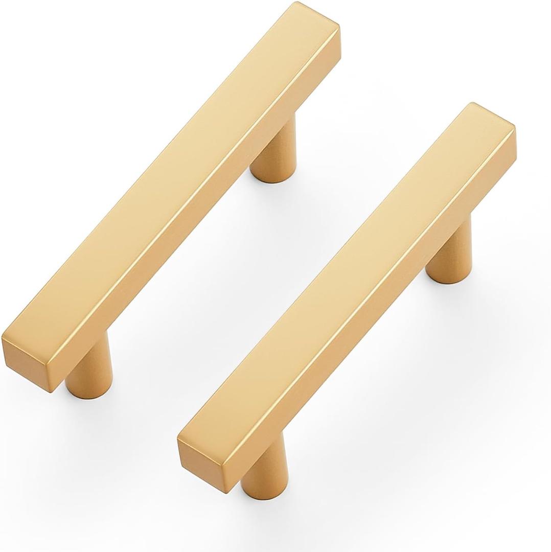 Ravinte 5 Pack Brass 2-1/2 Inch Hole Center Champagne Gold Handles Square Cabinet Hardware Stainless Steel Pulls for Kitchen Cupboard Drawers 4 Inch Overall Length
