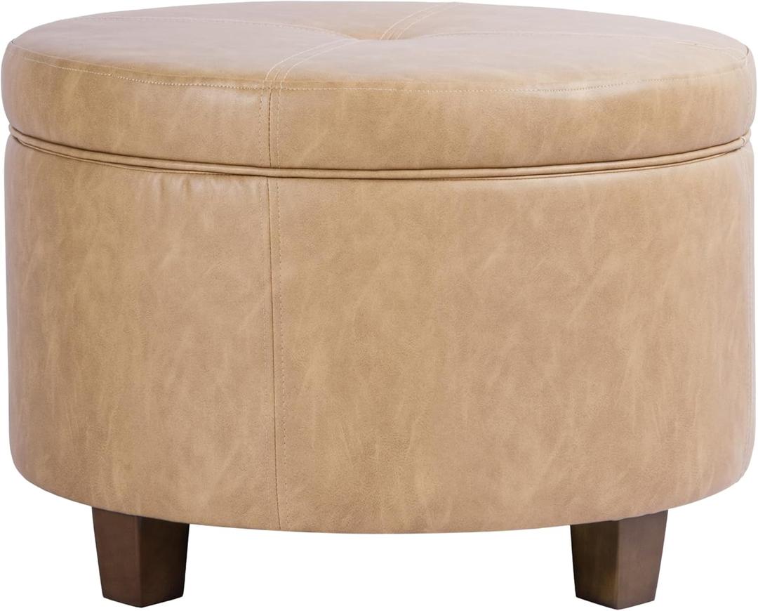 HomePop 24" Large Leatherette Storage Ottoman - Sand Faux Leather, 24"D x 24"W x 17"H