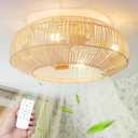 20'' Boho Rattan Ceiling Fan with Light, Coastal Caged Ceiling Fans with Lights and Remote Control, Enclosed Hidden Flush Mount with Reversible 6 Speeds for Living Room Bedroom Nursery