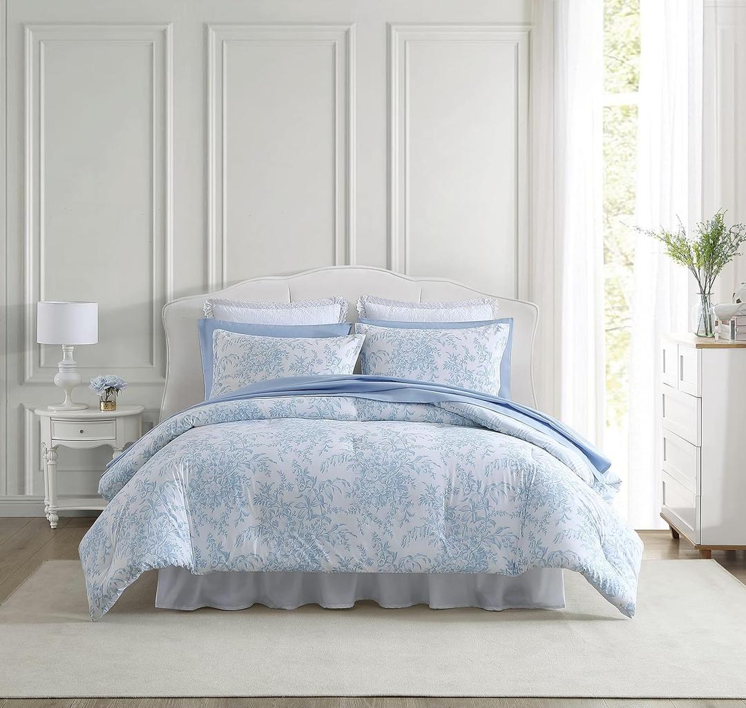 Laura Ashley- King Comforter Set, Cotton Reversible Bedding Set with Matching Sham(s), Farmhouse Home Dcor (Bedford Blue, King)