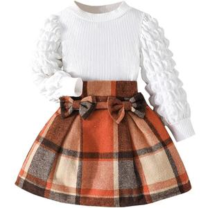 Noubeau Toddler Girls Plaid Outfits Girls Puff Sleeve Knit Ribbed Shirt Tops Plaid Skirt Set Kids Fall Winter Clothes (2-3T, Orange-brown)
