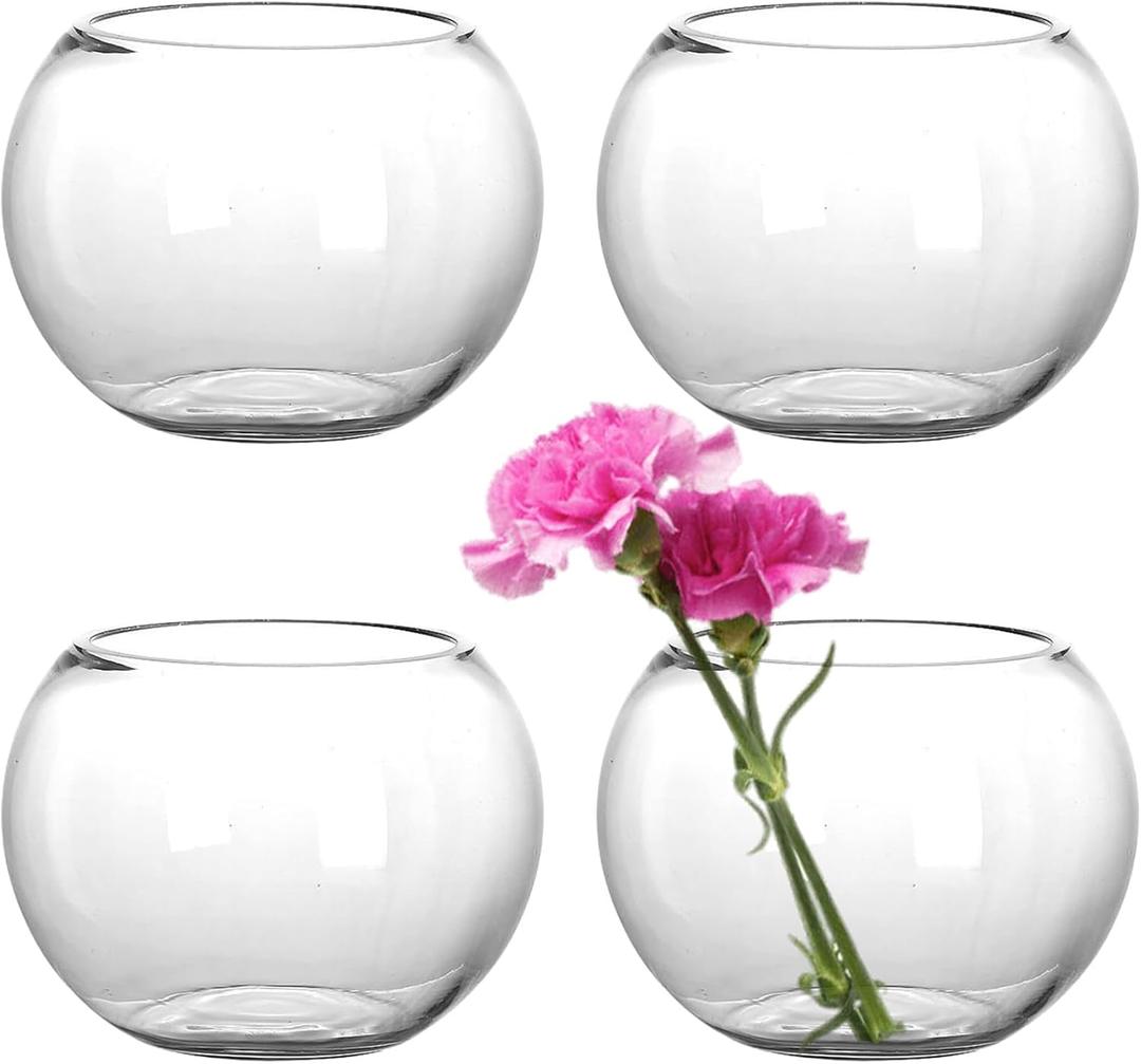 YOUEON 4 Pack Small Glass Bubble Bowl Vases, 6" W x 4.5" H Glass Terrarium Bowls Fish Bowls, Round Candle Holders, Globe Flower Vase Centerpiece for Wedding Event Home Decor