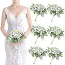 Wedding Artificial Bridesmaids Bouquets Set of 6- Faux Babys Breath White Fake Gypsophila Bouquet for Bridesmaid, Real Touch Small Bouquet for Bridesmaids Wedding Bridal Shower Centerpieces - 7 Inch