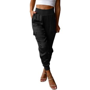Womens Satin Jogger Pants Casual High Waist Pull on Lounge Trousers Casual Ankle Length Silky Satin Cargo Pants, Large