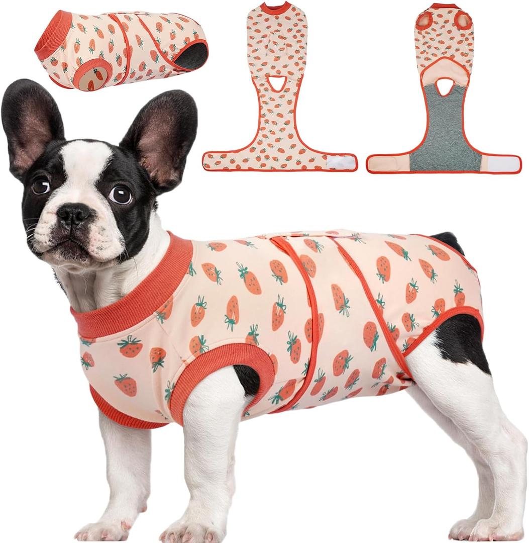 Kuoser Dog Recovery Suit for Female Male Dogs, Post-Surgery Bodysuit for Spay Neuter, Dog Onesie After Surgery, Anti-Licking Pet Surgical Recovery Suit, PinkStrawberry S (S (Back:11.4-13.4'', Weight:7-15 LB))
