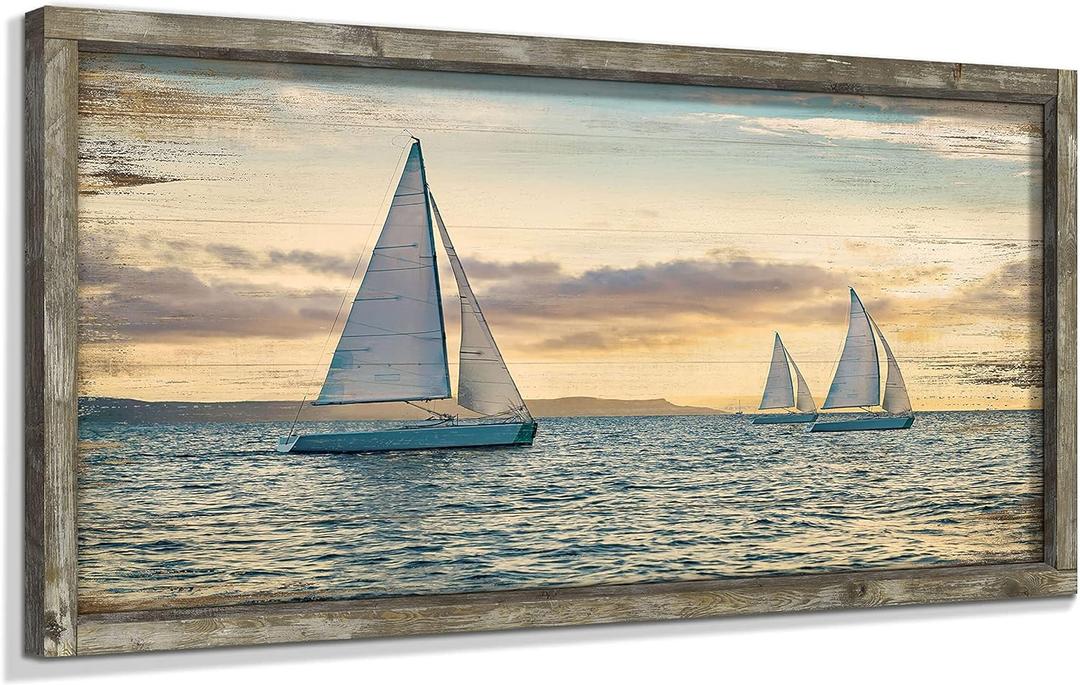 Ocean Framed Wooden Wall Art: Coastal Painting Art 40"x20" Sail Boats Artwork Decor Sunset Seascape Picture Prints for Office