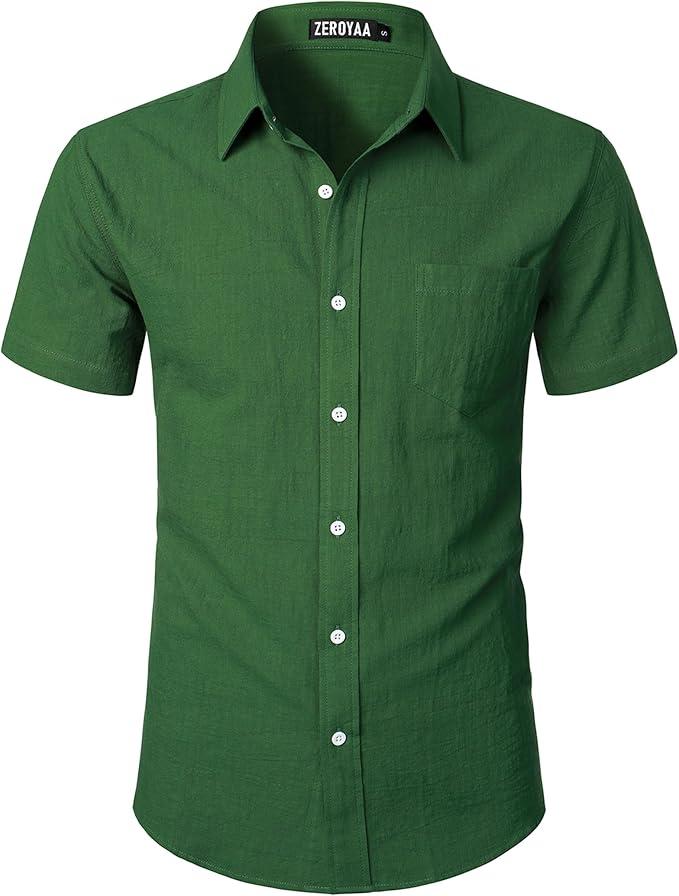 ZEROYAA Men's Fitted Cotton Like Linen Casual Short Sleeve Button Up Shirts Lightweight Beach Tops with Pocket, Size Small