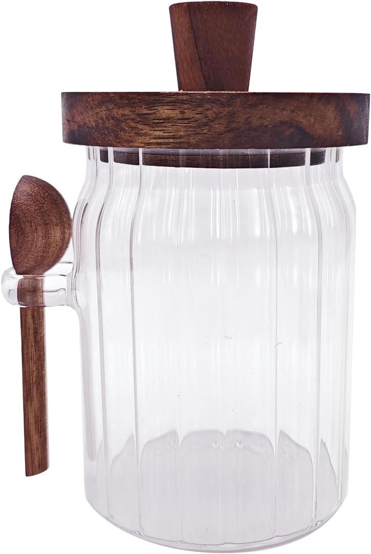 Coriario 20 OZ Glass Jar with Airtight Lid Spoon Ribbed Glass Candy Jars Wooden Handle Lids Wide Mouth Glass Coffee Storage Canister for Food Kitchen Sugar Cookie Tea Decorative