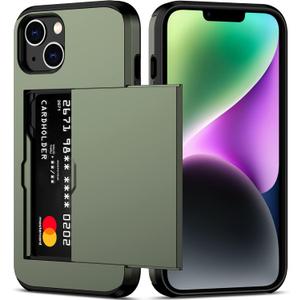 Nvollnoe for iPhone 14 Plus Case with Card Holder Heavy Duty Protective Dual Layer Shockproof Hidden Card Slot Slim Wallet Cover for iPhone 14 Plus for Women&Men(Green) (Green-Regular Storage)