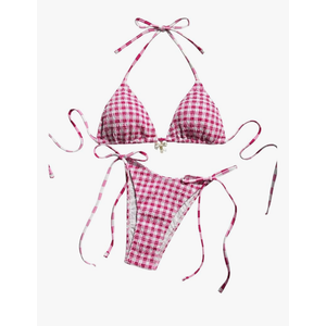 GORGLITTER Women's Gingham Bikini Y2k Plaid Checkered Halter Triangle Top and High Cut Thong Swimsuit Trendy S