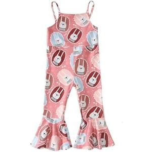 Ritatte Toddler Baby Girl Easter Outfit Bunny Bell Bottom Romper Cute Rabbit Floral Jumpsuit Sleeveless One-Piece Flare Pants (3-4T)
