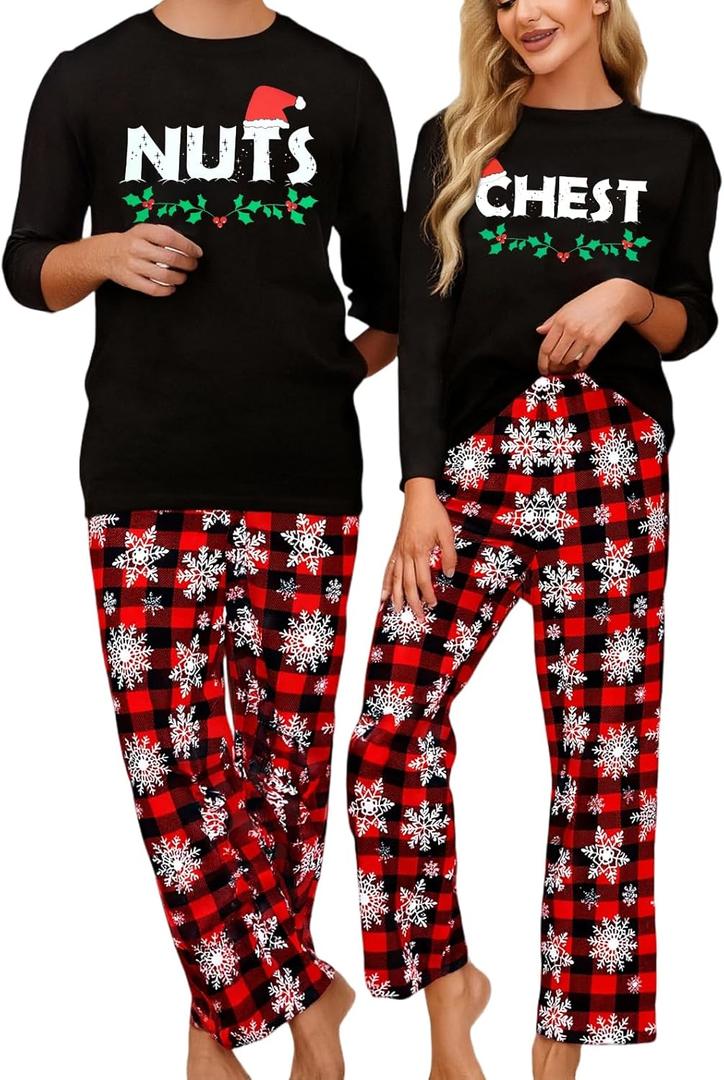 FASHGL Couples Matching Christmas Pajamas Set Men Women Xmas Long Sleeve Pullover Pjs Sets Soft Warm Holiday Sleepwear (XX-Large, Men Black-3)