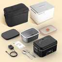 Cordless Heated Lunch Box, Smart Timer Automatic Heating Food Warmer for Adults, 5.5-Cup Portable Electric Lunch Container with Handheld Insulated Bag（Dark Black）