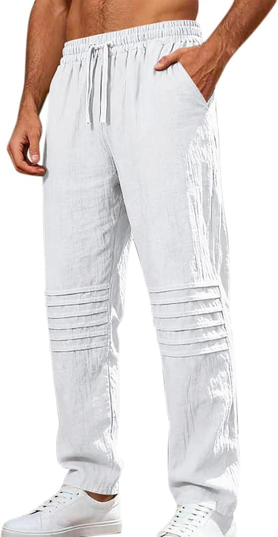 Mens Linen Pants Casual Beach Pants for Men Elastic Waist Drawstring Yoga Trousers with Pockets (White, XL)