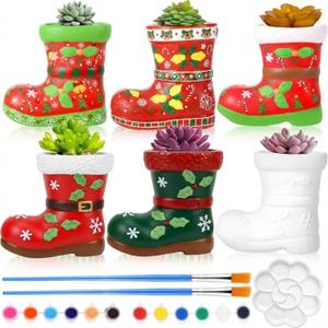 Pasimy 6 Set Ceramics to Paint DIY Ceramic Succulent Planter Pots Paint Your Own Flower Pots Craft Kit Unpainted Bisque Flowerpot with Brush Palette for Family Activity Holiday Gifts(Christmas Boot)
