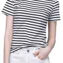 SOUGAO Women's Short Sleeve T-Shirt Striped Tops Casual Summer Boat Neck Tee Black Size M