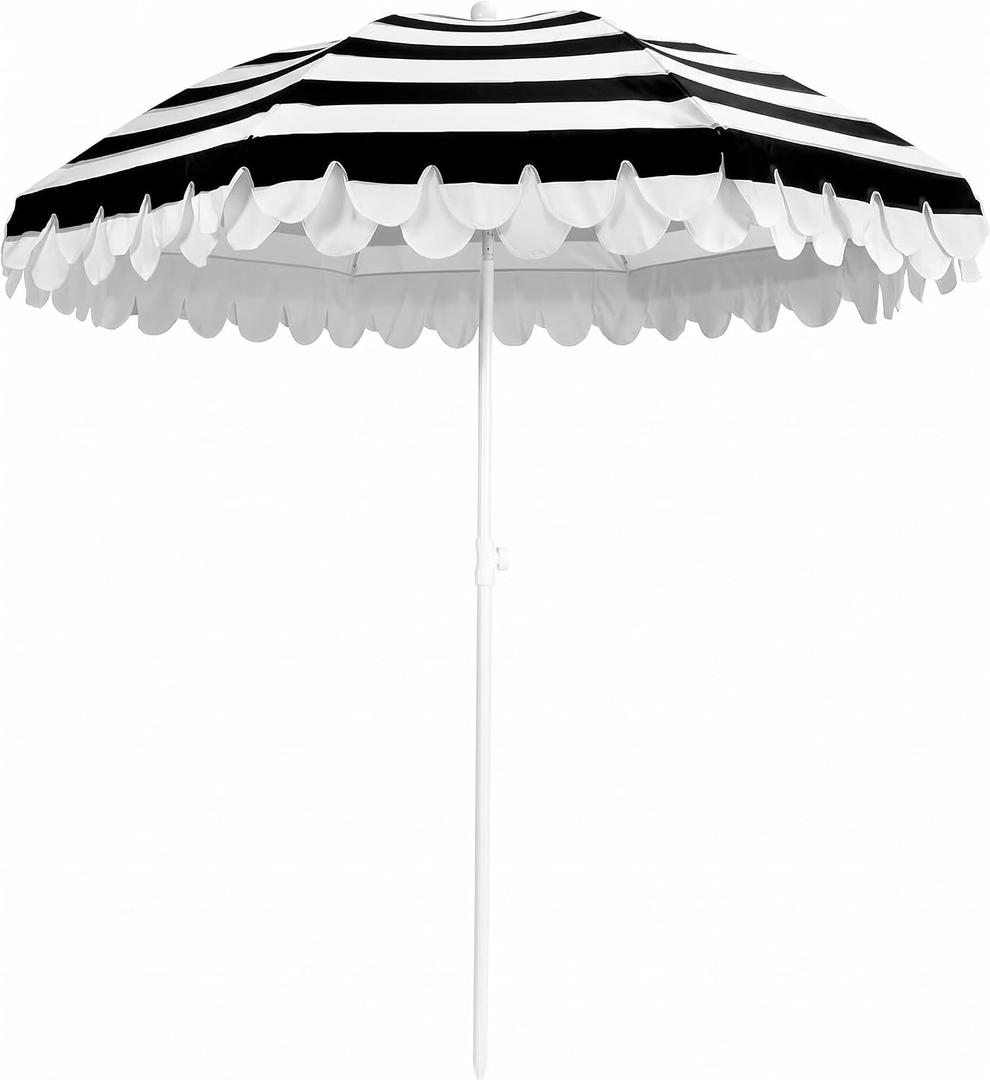6.5Ft Classic Beach Umbrella with Fringe, Scalloped Patio Umbrella with Push Button Tilt, UPF50+ Portable Outdoor Umbrellas for Garden Lawn Pool, Carry Bag, Black White Stripe