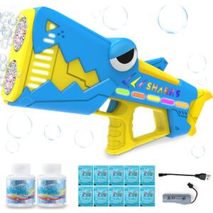 Bubble Gun for Kids Ages 4-8: Shark Light Up Bubble Machine for Toddlers, Rechargeable, 2 Bubble Solution, Outdoor Toy Party Birthday Gift for 3 4 5 6 7 8 Year Old