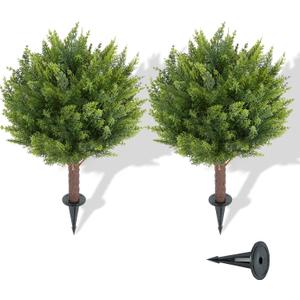 Artificial Cedar Shrub Ball Trees Two 15.8inch with Ground Spikes, can be Planted in The Ground and in pots, Outdoor Artificial Plants Resistant to UV Rays