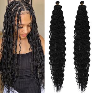 Deep Water Wave Crochet Hair 1b Black Boho Curly Wavy Braiding Hair Synthetic Boho Hair for Braiding 24 Inch 2 Packs Bohemian Ocean Wave Braiding Hair Pre Stretched for Boho Crochet Braids