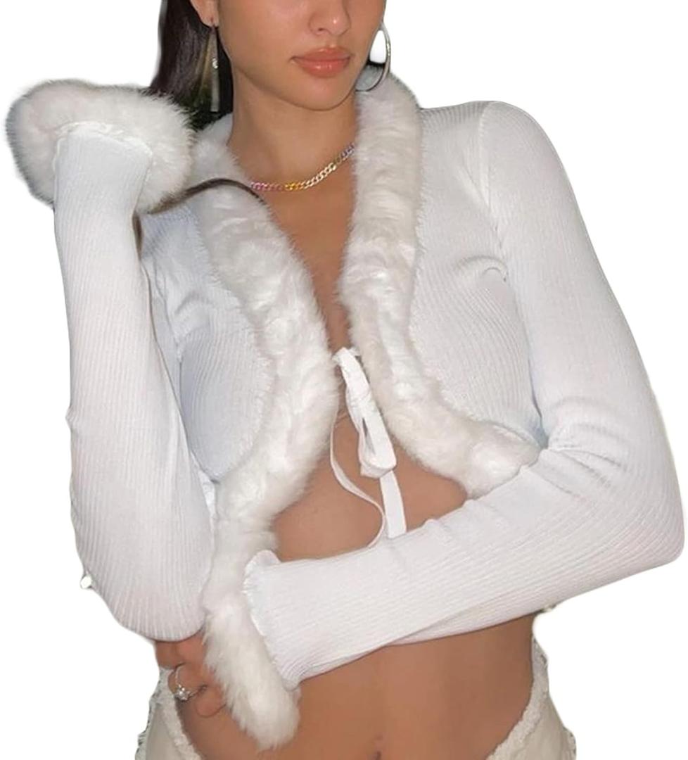 Sexy Women Long Sleeve Tie-up Cardigan Deep V Solid Crop Tops Fur Trim Fashion Knitted Sweaters (Large, White)