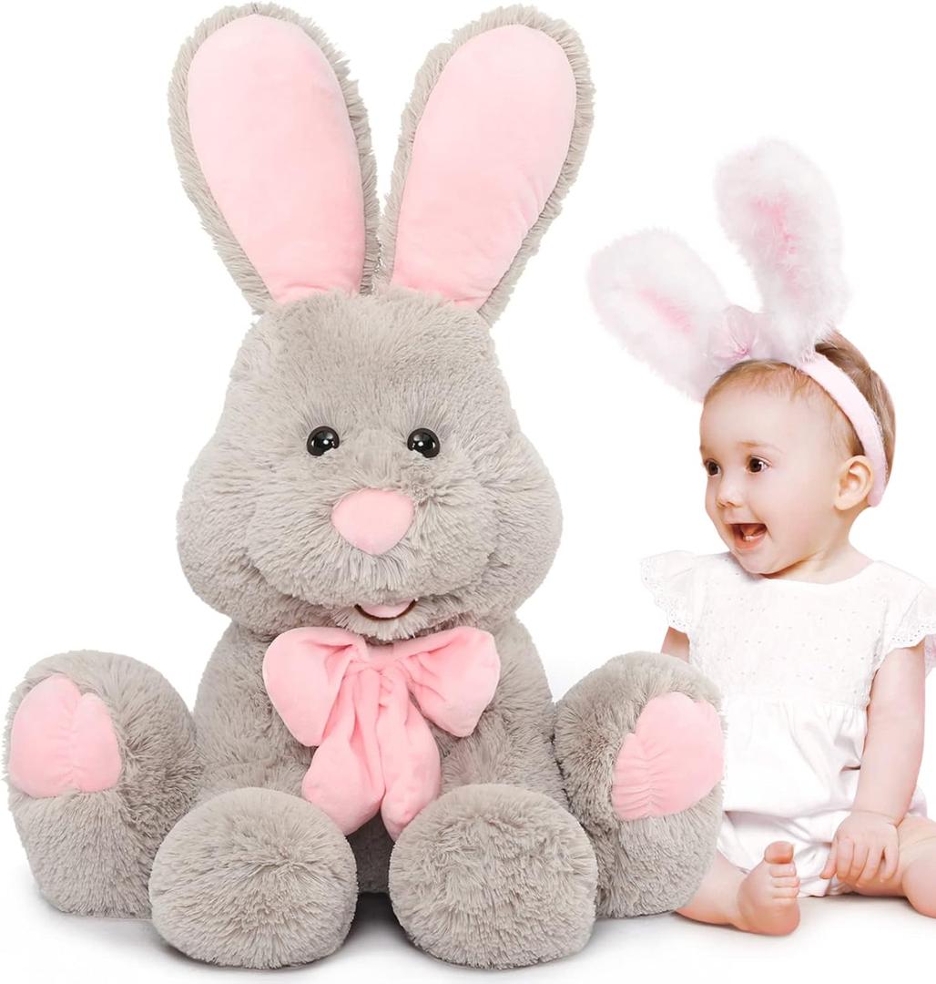 MorisMos Giant Bunny Stuffed Animal, 31.5'' Large Grey Rabbit Plush Toy with Pink Ears, Soft Toy for Girls/Boys, Ideal Gift for Easter, Halloween, Christmas, Cuddling, Snuggling (Gray)