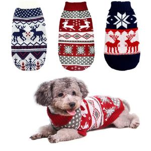 3Pcs Christmas Dog Sweater Costume Xmas Cat Knitwear Clothes Navy Blue White and Christmas Red Sweaters with Reindeers Snowflakes Pattern for Kitten Cat Puppy Dog , 8"