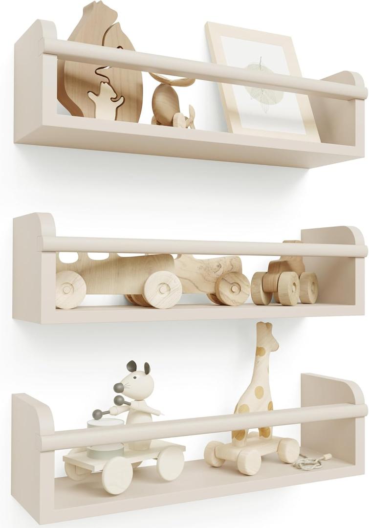 Decorative Nursery Bookshelves for Kids - Set of 3 Easy to Install Floating Shelves for Wall Mount - Beautiful Hanging Organizer Furniture for Your Baby Boy or Girl's Bedroom and Play Room Decor (Beige)